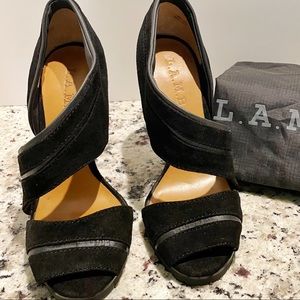 L.A.M.B. By Gwen Stefani High Heel Stilettos Black Leather Suede Peep Toe Wrap